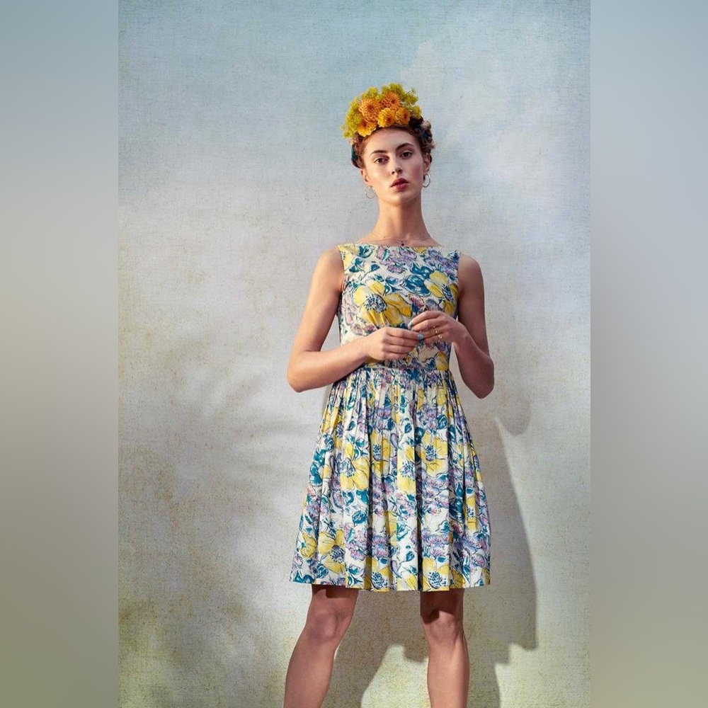 Emily And Fin Yellow Sketchy Abigail Floral Midi Dress With Pockets Size Small